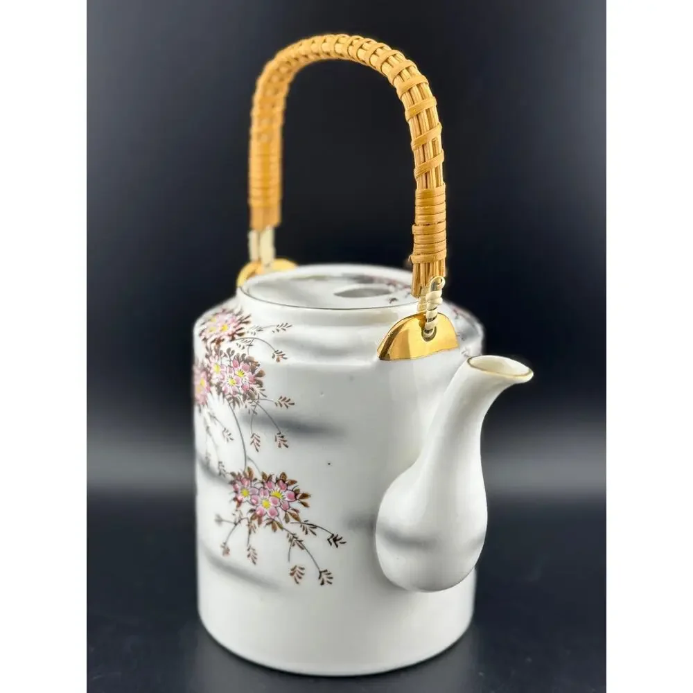 Japanese Cherry Blossom Teapot with Rattan Handle